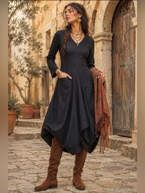 Boho Black Long Sleeve V-Neck Handkerchief Hem Dress w/ Pockets Lagenlook Midi S
